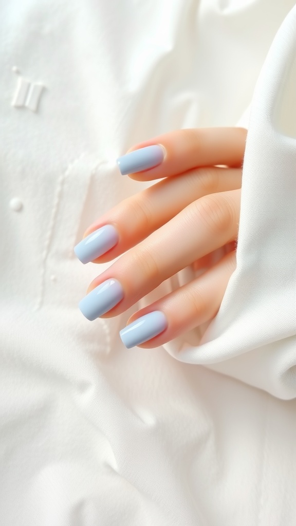 A close-up of hands with pastel blue French tip nails resting on a white fabric.