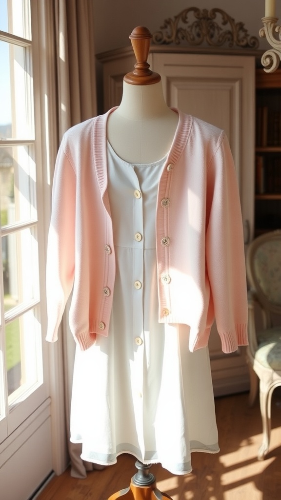 A pastel pink cardigan displayed over a simple white dress on a mannequin.