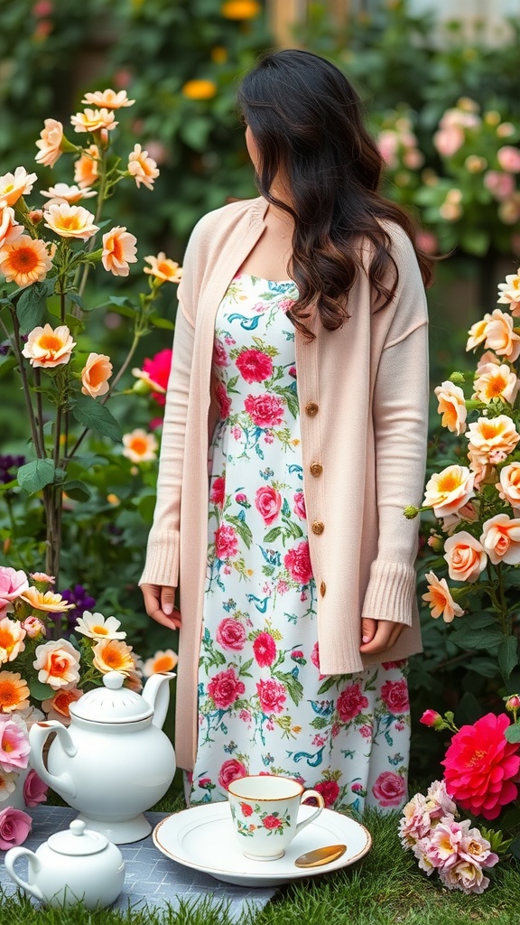 A woman wearing a pastel cardigan over a floral print dress surrounded by blooming flowers and a tea set.