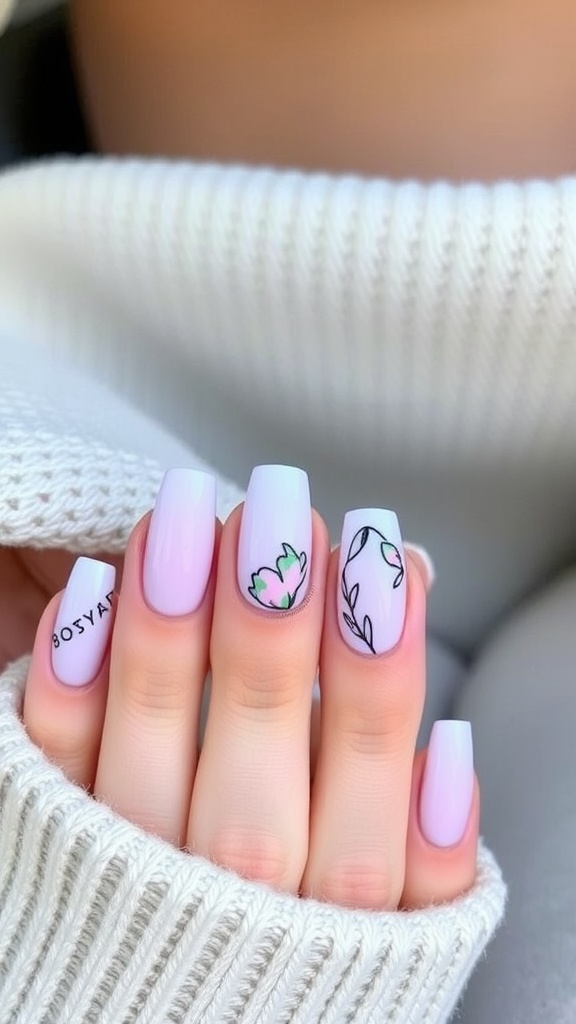 Pastel chrome nails with floral designs and lettering on a cozy knit sweater background.
