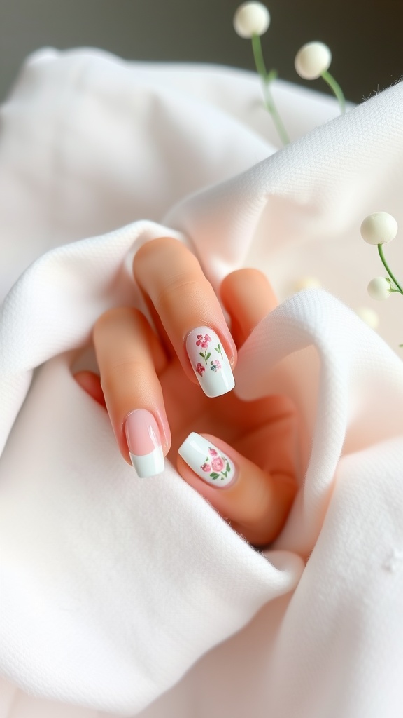 A hand with pastel color French tip nails featuring floral designs on a soft, white background.