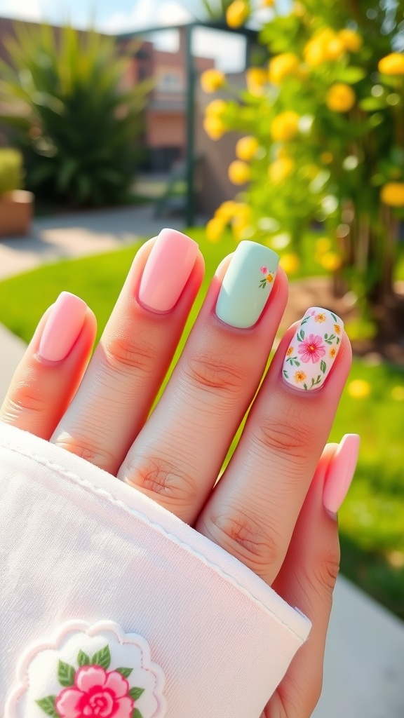 A hand with pastel colored nails, including pink and mint green, with floral designs on one nail, set against a sunny background.