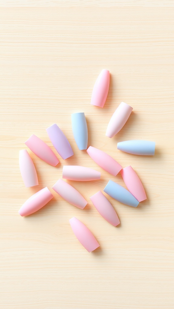A collection of pastel stiletto nail tips in soft pink, blue, and purple colors arranged on a wooden surface.