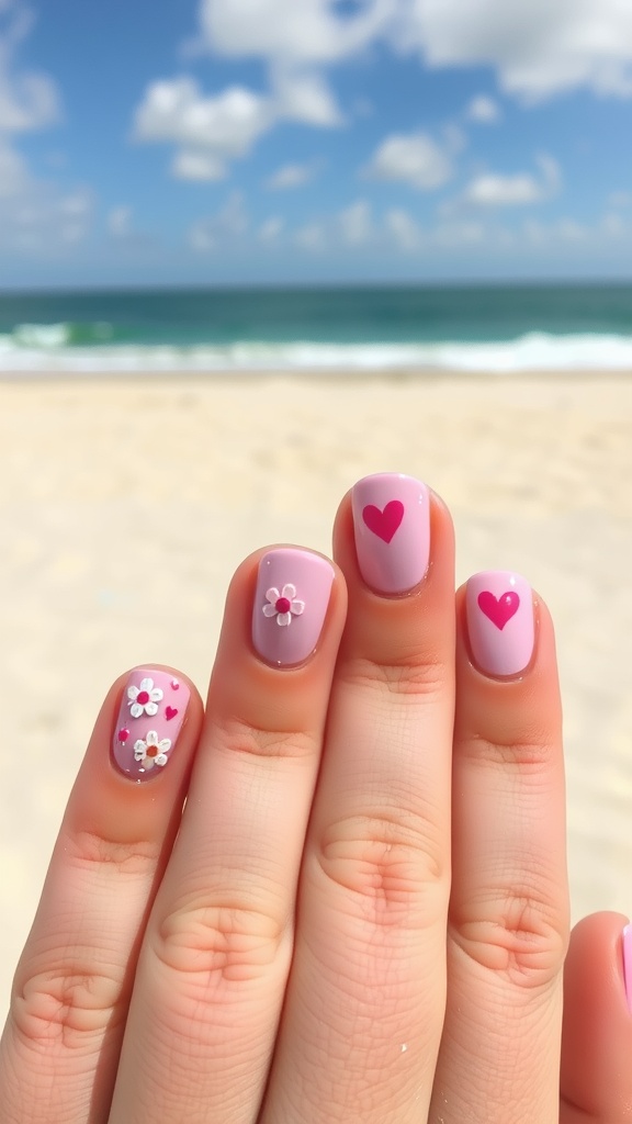 Pastel pink nails with flower and heart designs, set against a beach background