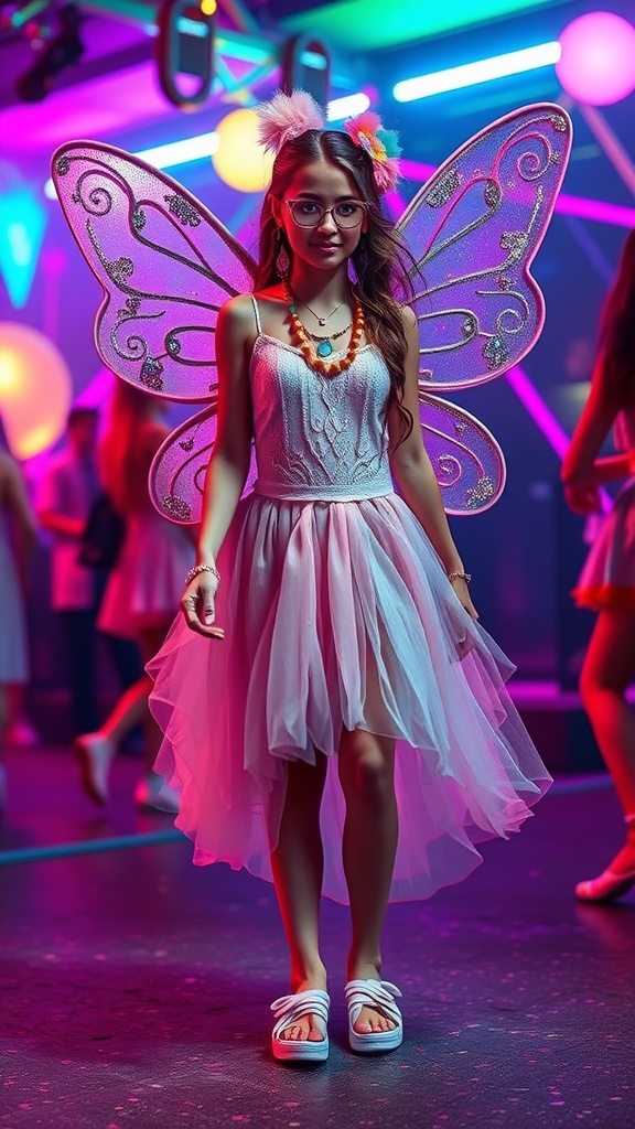 A person in a pastel fairy outfit with butterfly wings, standing in a colorful rave setting.