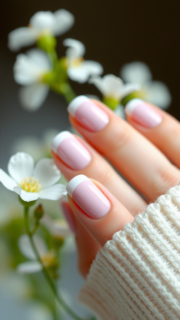 A close-up of hands with pastel pink French tip nails, surrounded by white flowers.