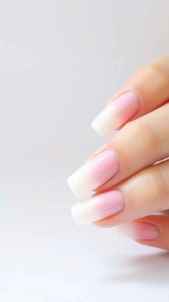 Close-up of pastel gradient nails transitioning from pink to white.