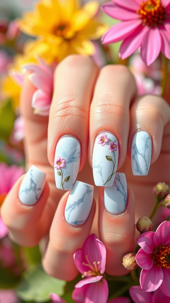 Pastel light blue marble nails with floral designs