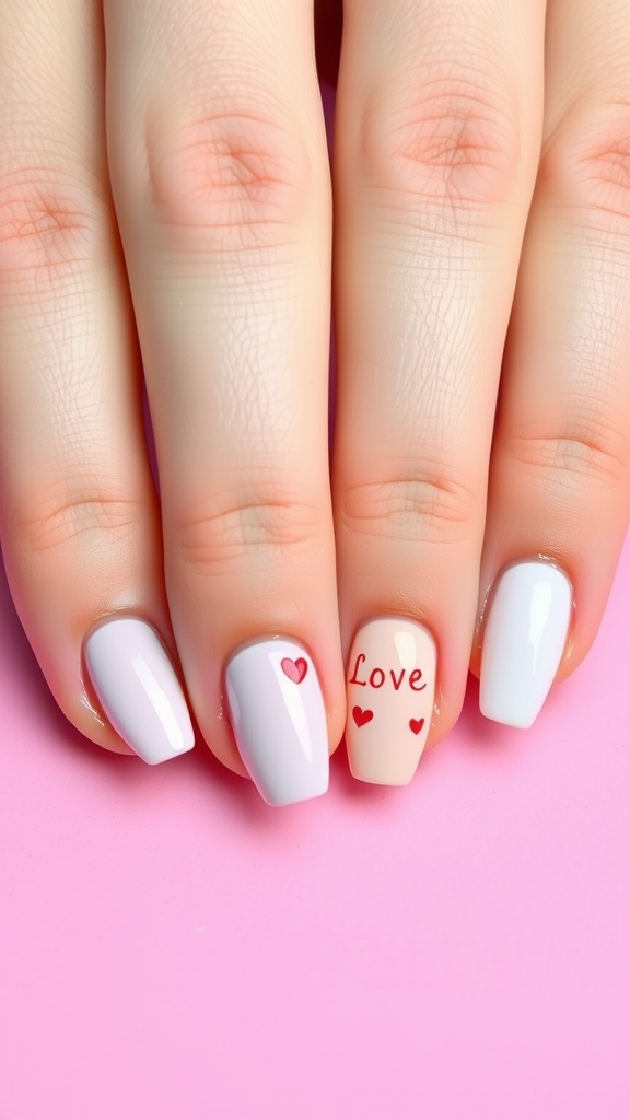 Pastel themed nails with hearts and the word 'Love' in soft colors.