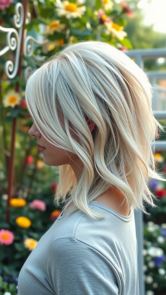 A woman with a pastel mullet hairstyle featuring subtle waves, surrounded by colorful flowers.