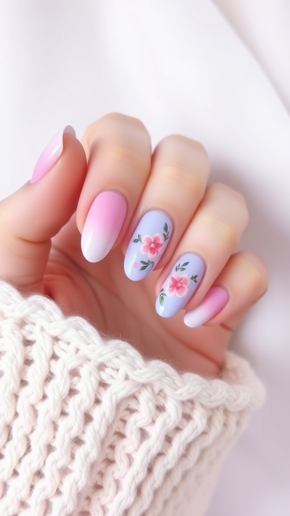 Pastel ombre almond nails with floral designs, showcasing a light pink to lavender gradient.