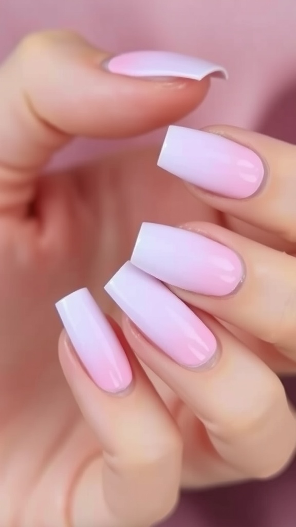 Pastel ombre almond nails featuring a gradient from light pink to lavender.