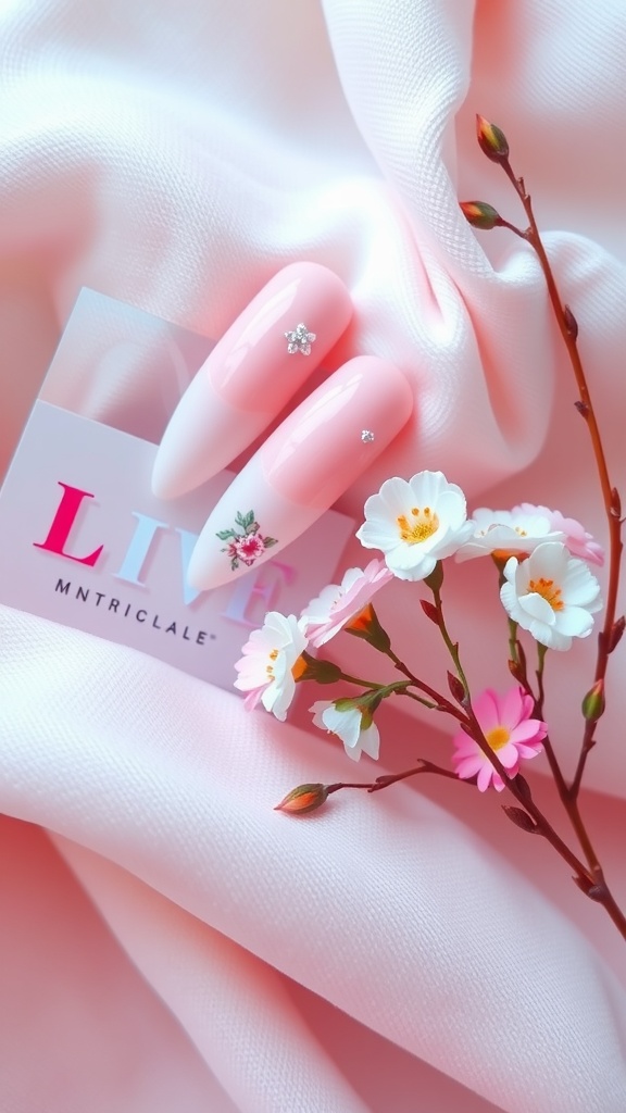 Pastel ombre almond nails with 3D flower designs on a soft pink background