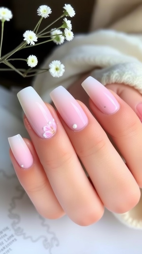 Pastel ombre coffin nails with floral design and pearls