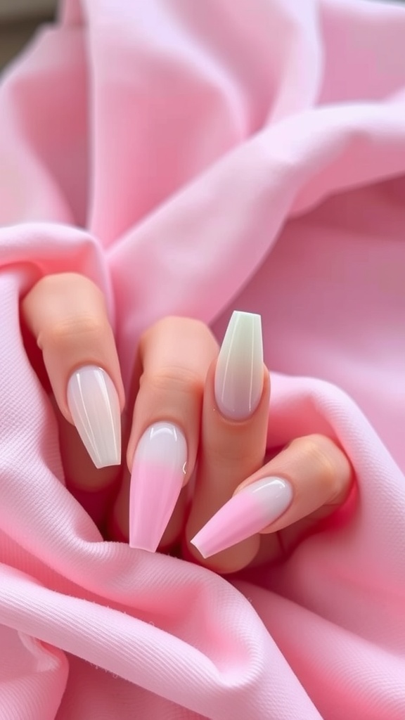 Pastel ombre coffin nails in soft pink and white shades