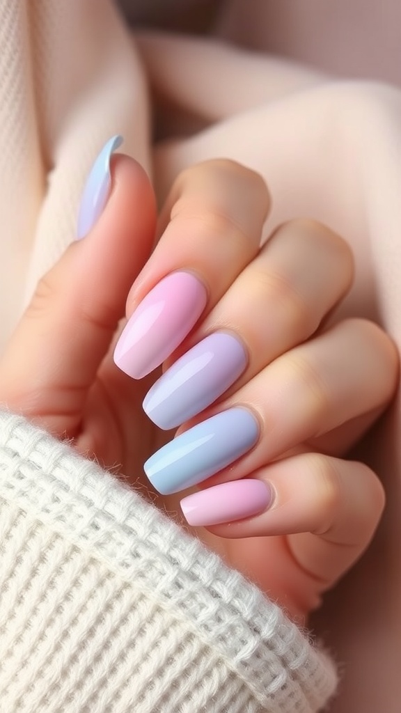 Pastel ombre nails in pink and blue hues against a light knitted background.