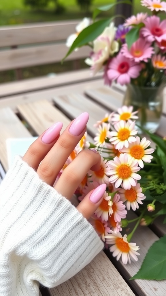 Pastel pink almond-shaped nails with a cozy white sweater and flowers in the background.