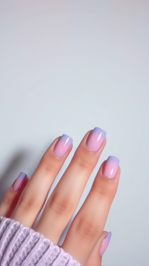 A hand with short nails featuring a pastel ombre effect, transitioning from light purple to pink.
