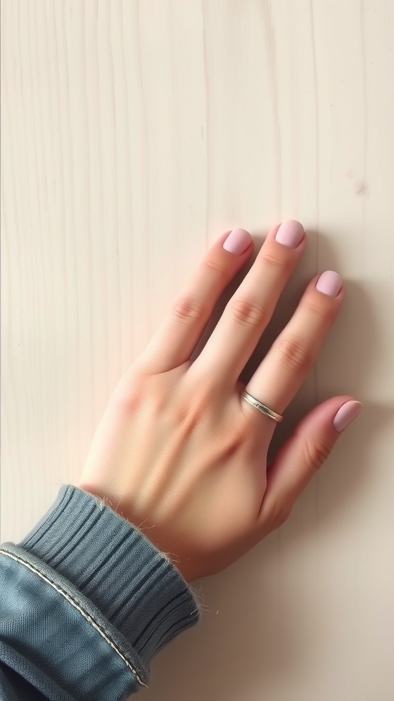 A hand with pastel pink ombre nails resting on a wooden surface.