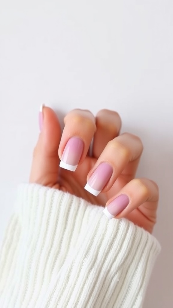 Close-up of pastel ombre French nails with a white sweater