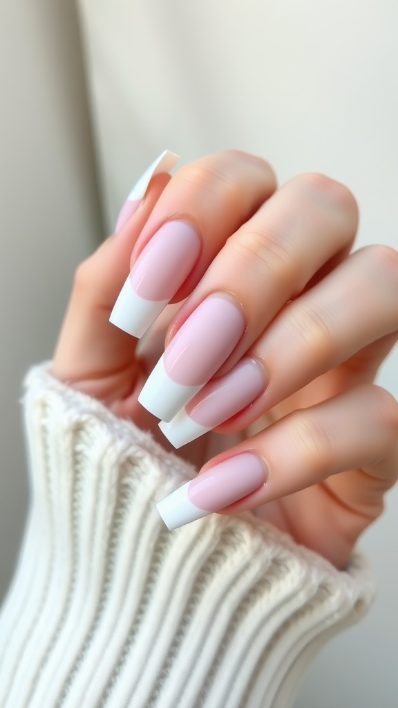 A close-up of pastel ombre French tip acrylic nails on a hand, resting on a knitted sweater.