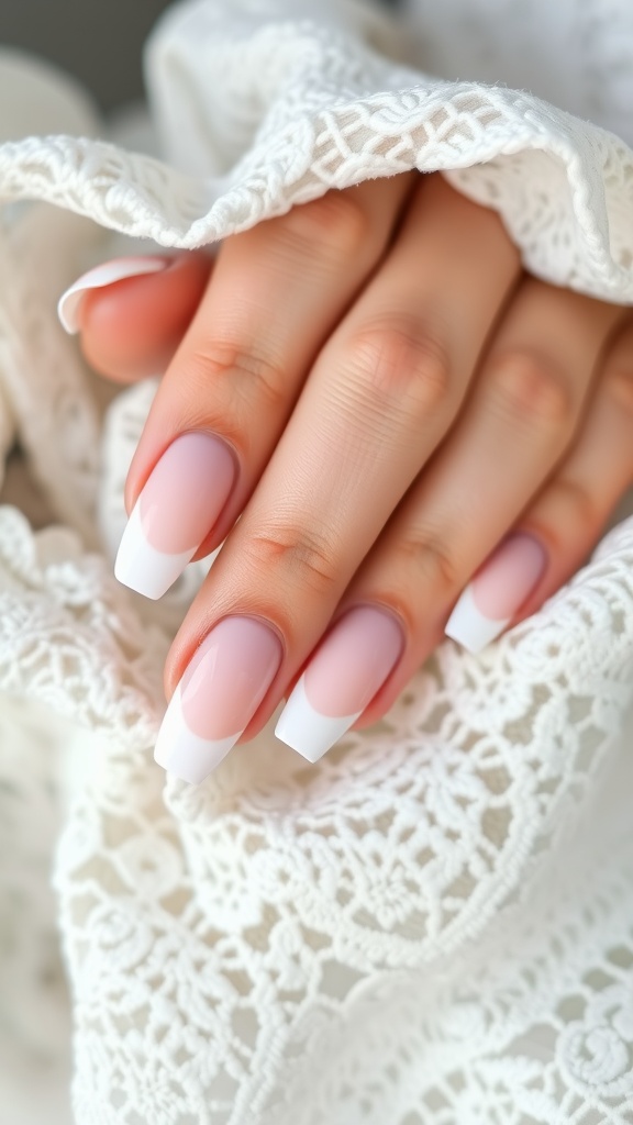 Image of nails featuring pastel ombre French tips with a pink base and white tips, displayed on a lace background.
