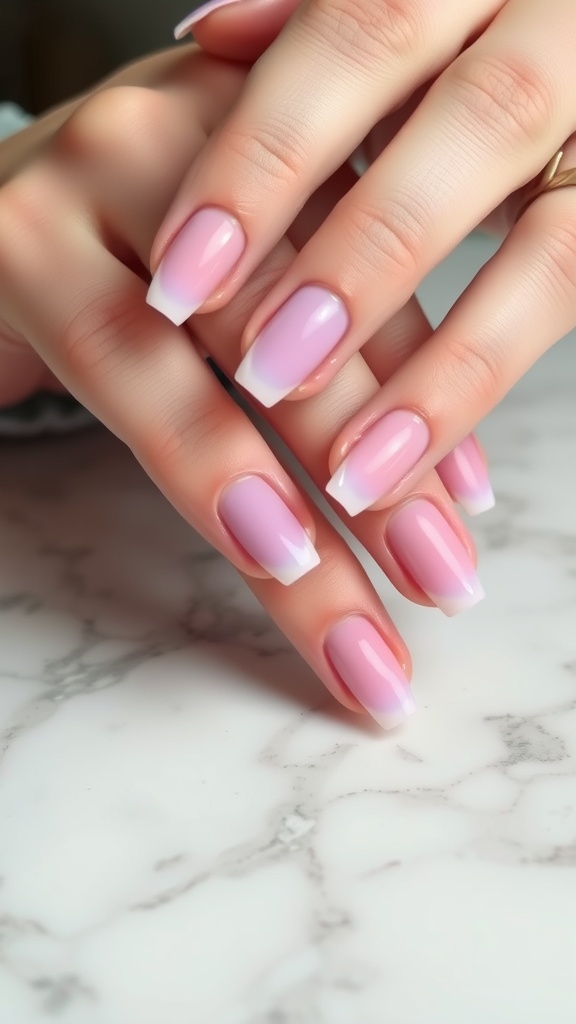 Pastel ombre French tips on neatly manicured nails resting on a marble surface.