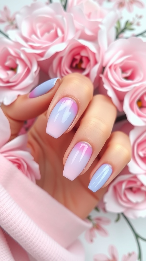 Pastel ombre nails in shades of pink and blue, surrounded by pink roses