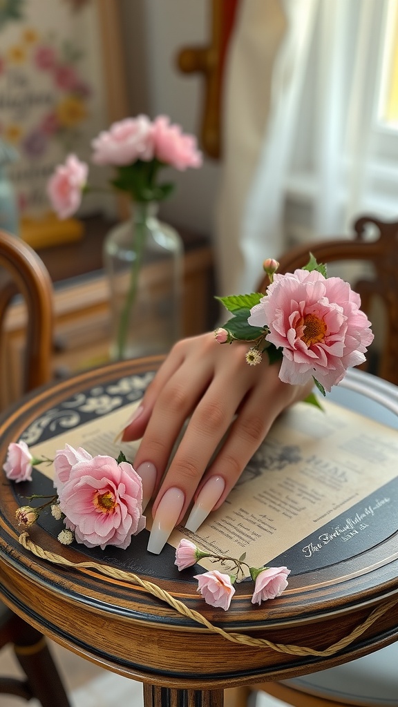 A hand with pastel ombre nails featuring floral art, resting on a decorative table surrounded by flowers.