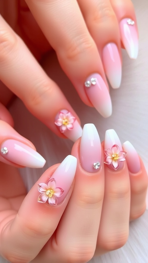 Pastel ombre almond nails with 3D flower designs and rhinestones.