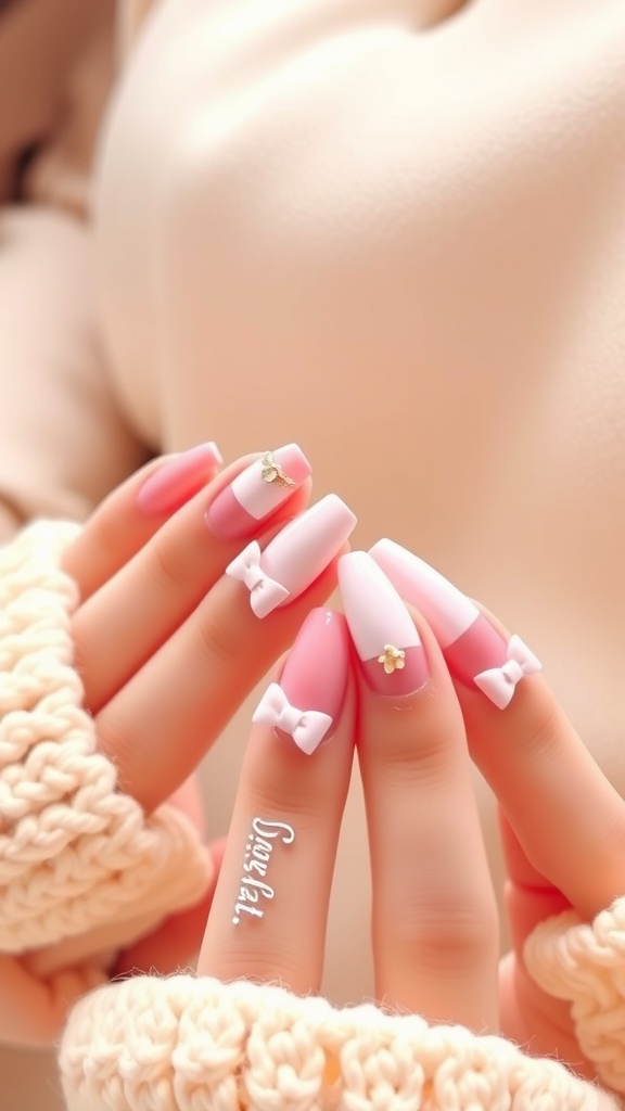 Stiletto nails in pastel colors with 3D bows and embellishments