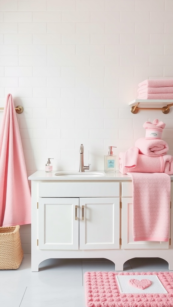 A pastel pink bathroom featuring soft towels, a pink mat, and a clean white vanity.
