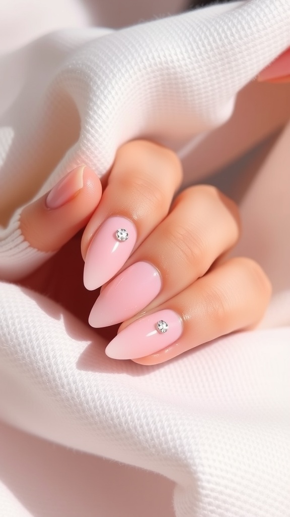 Pastel pink almond nails with diamond accents on a soft background
