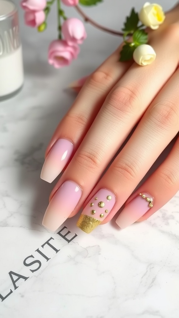 Nails painted in pastel pink with gold dots and accents.