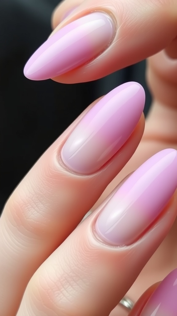 Close-up of almond-shaped nails with pastel pink ombré tips