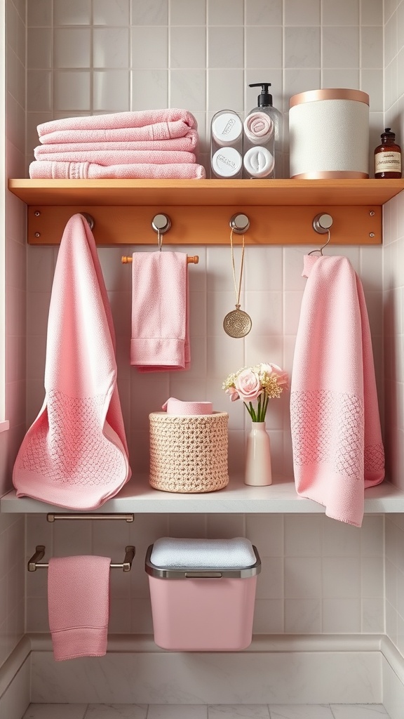 A bathroom shelf featuring pastel pink towels and accessories, including a decorative basket and a vase with flowers.