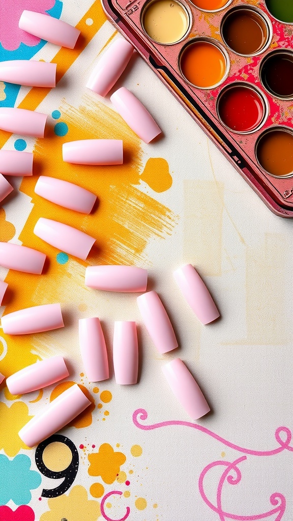 An assortment of pastel pink nail tips on a colorful art background with a paint palette.