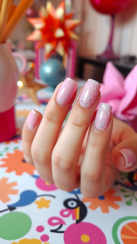 Short pastel pink nails with chrome glitter fade on a colorful background