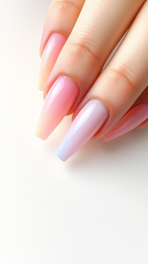 Pastel rainbow acrylic nails with a gradient effect from pink to blue.