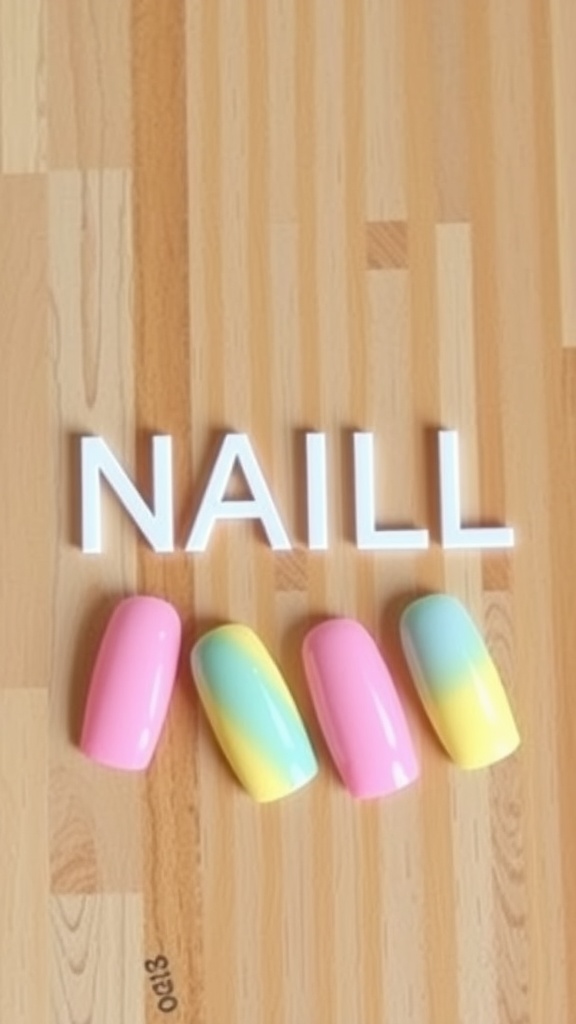 Almond-shaped nails in pastel rainbow colors with the word 'NAILL' in white letters