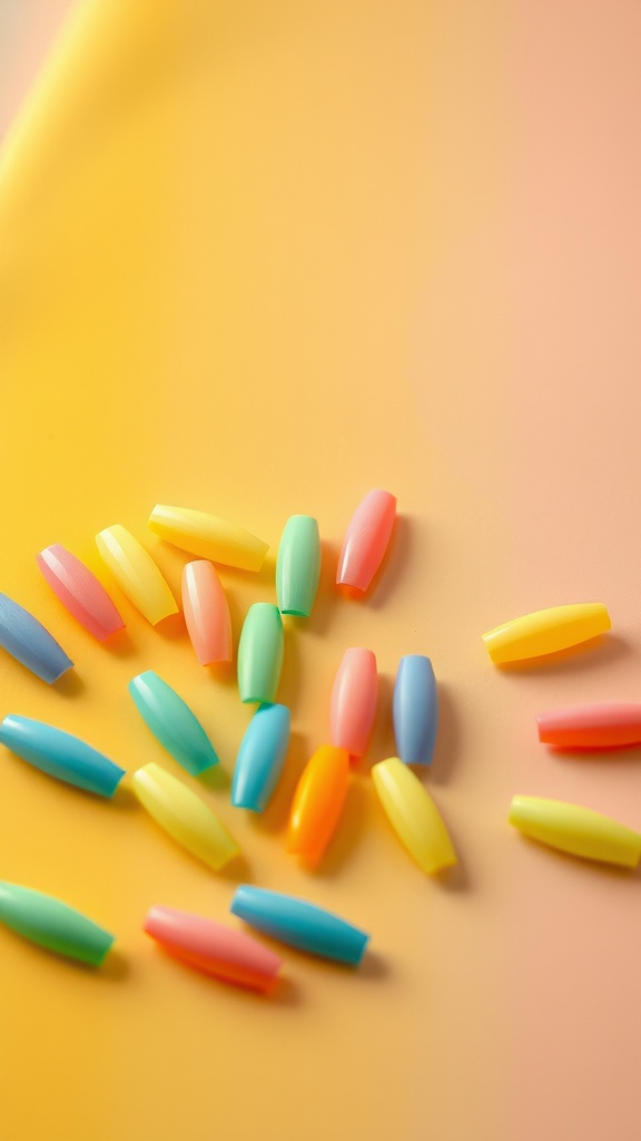 Colorful pastel coffin nail tips scattered on a warm background