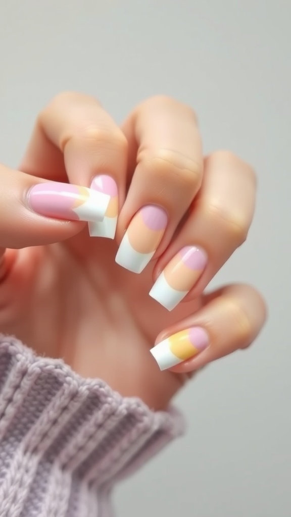 Nails painted with pastel rainbow French tips featuring soft pink base and yellow tips.