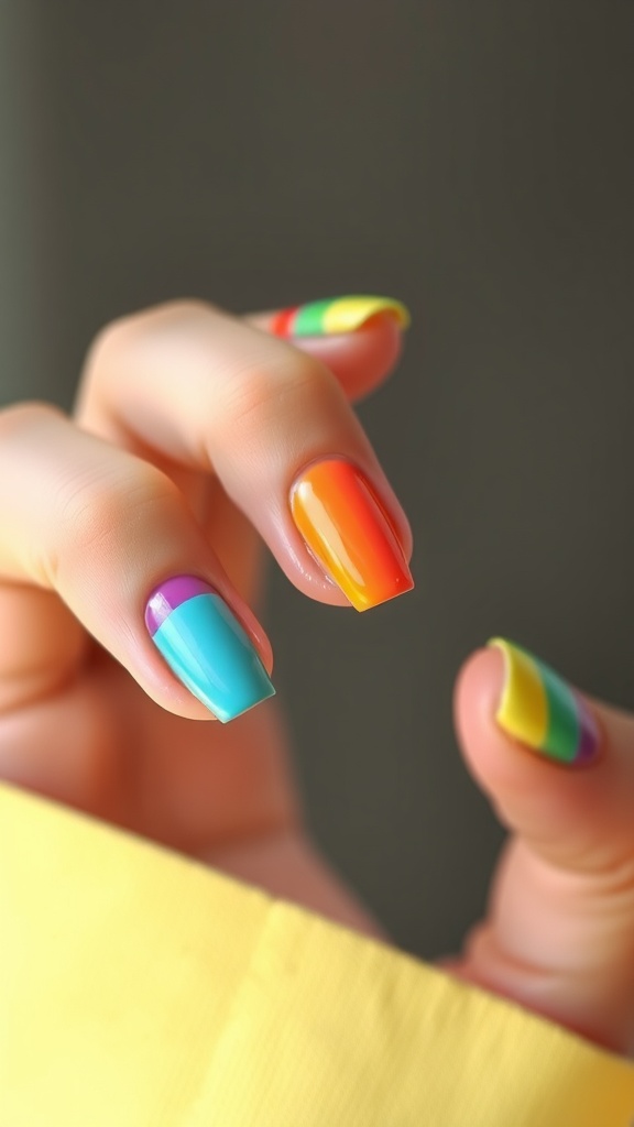 A close-up of a hand with pastel rainbow nail art featuring vibrant colors.