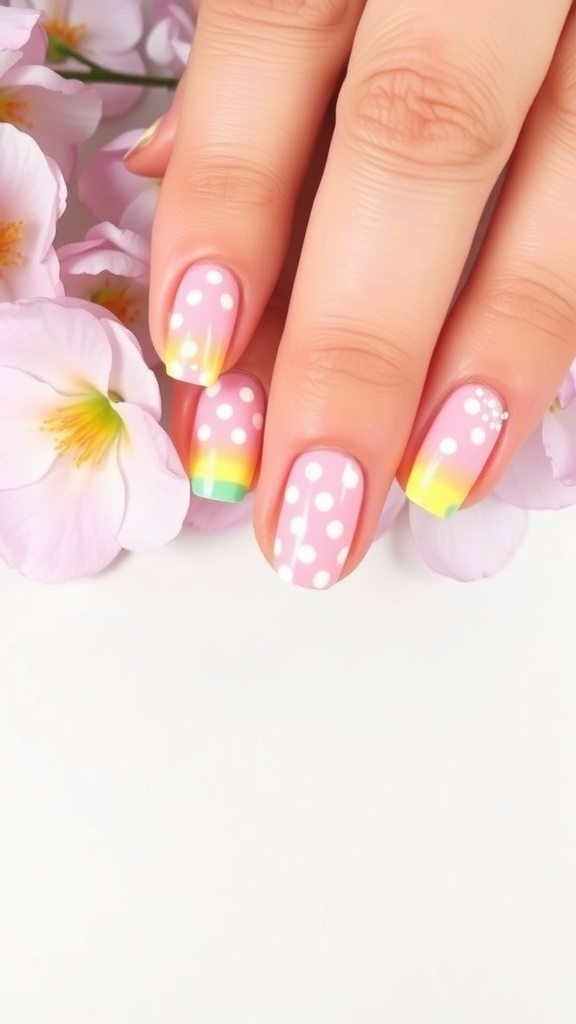 A pastel rainbow polka dot manicure featuring pink nails with a gradient of yellow, orange, and green tips, decorated with white polka dots.