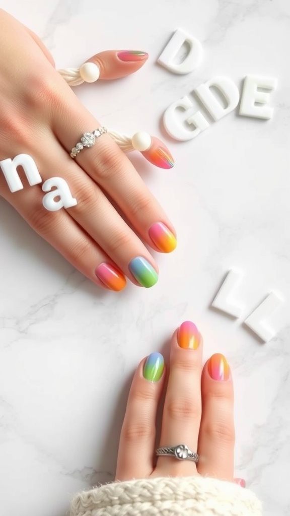 A close-up of hands with colorful pastel rainbow tip nails, adorned with rings, on a marble surface.