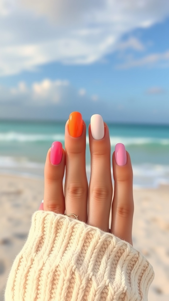 A hand with pastel sunset almond nails in pink, orange, and white against a beach background