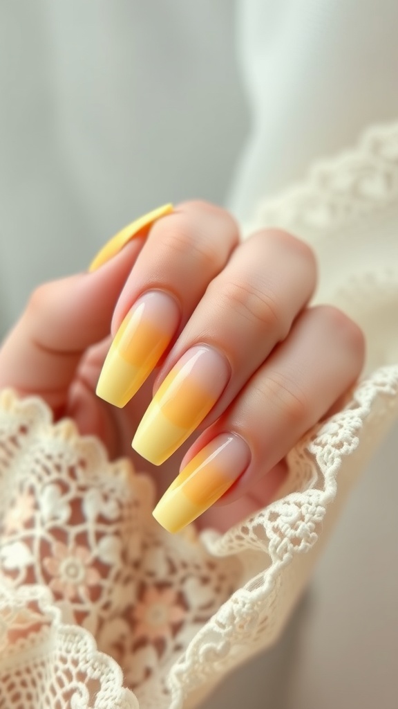 Close-up of hands with pastel yellow ombre French nails on a lace background.