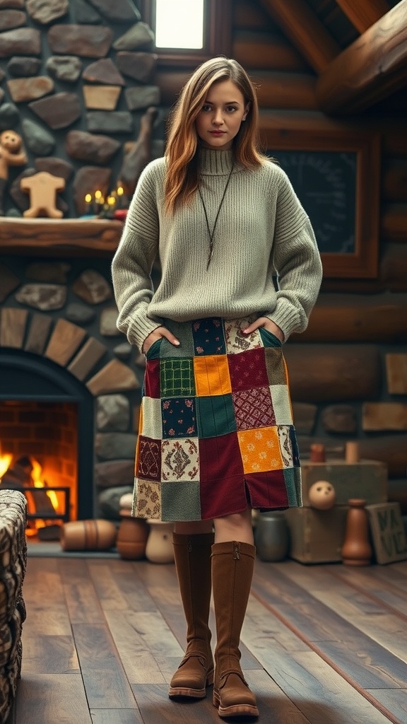 A model wearing a colorful patchwork skirt and a relaxed sweater, standing in a rustic indoor setting with a fireplace.