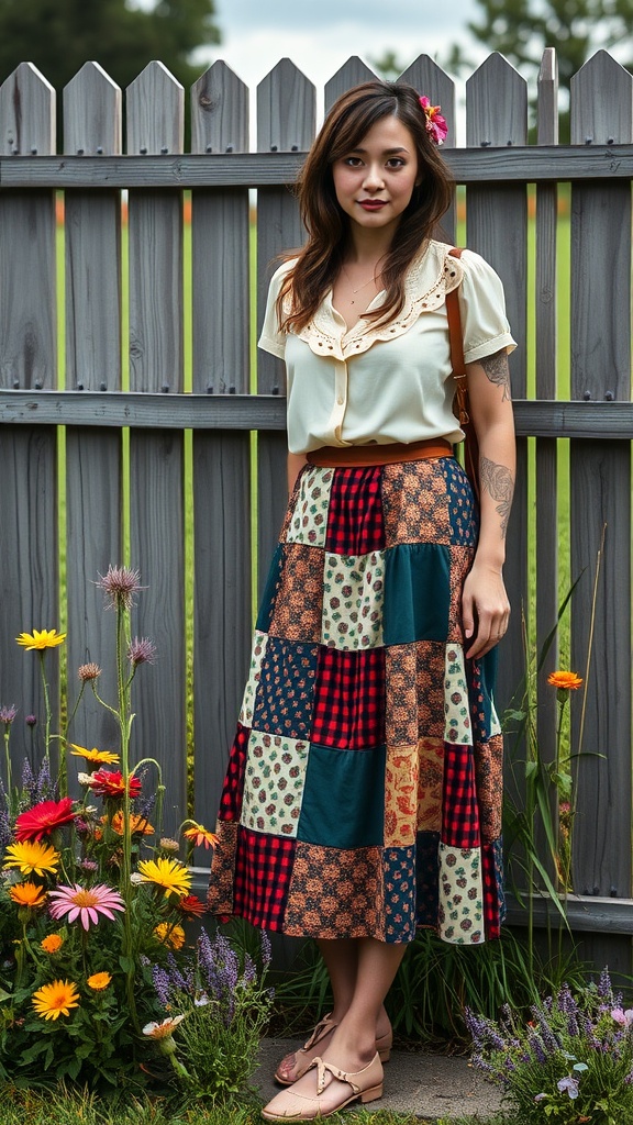 A woman wearing a colorful patchwork skirt and a vintage blouse, standing in front of a wooden fence with flowers around her.