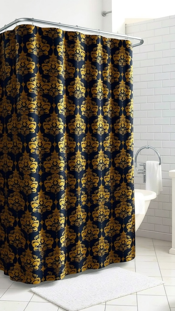 A patterned black and gold shower curtain in a modern bathroom setting.
